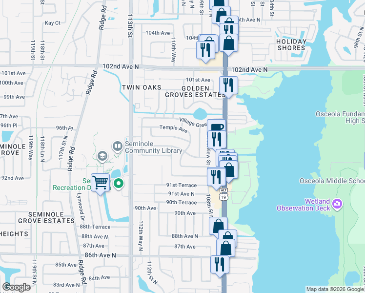 map of restaurants, bars, coffee shops, grocery stores, and more near 10972 Duncan Street in Seminole