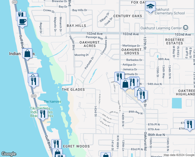 map of restaurants, bars, coffee shops, grocery stores, and more near 9450 Harbor Greens Way in Seminole