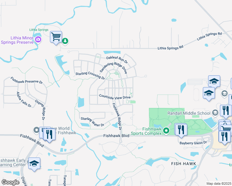 map of restaurants, bars, coffee shops, grocery stores, and more near 5320 Fishhawk Ridge Drive in Lithia