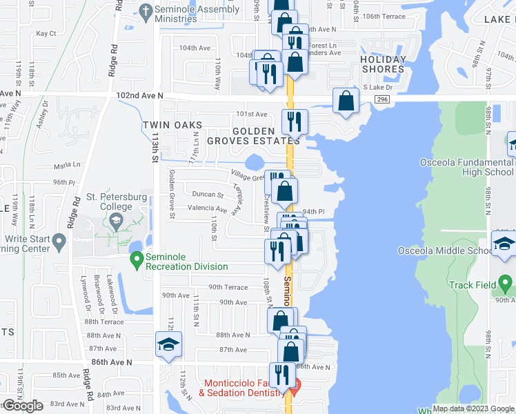 map of restaurants, bars, coffee shops, grocery stores, and more near 9537 Groveland Street in Seminole