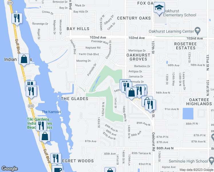map of restaurants, bars, coffee shops, grocery stores, and more near 9529 141st Street North in Seminole