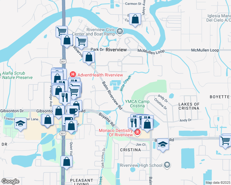 map of restaurants, bars, coffee shops, grocery stores, and more near 9650 Balm Riverview Road in Riverview