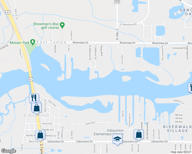 map of restaurants, bars, coffee shops, grocery stores, and more near 8853 West Millpoint Road in Riverview