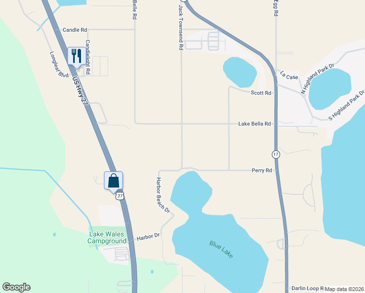 map of restaurants, bars, coffee shops, grocery stores, and more near Jack Townsend Road in Lake Wales