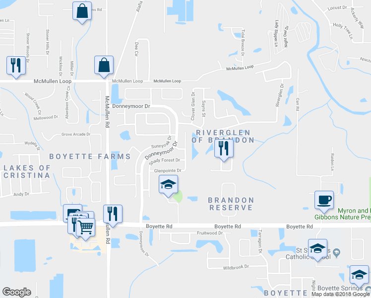 map of restaurants, bars, coffee shops, grocery stores, and more near 8586 Glenpointe Drive in Riverview