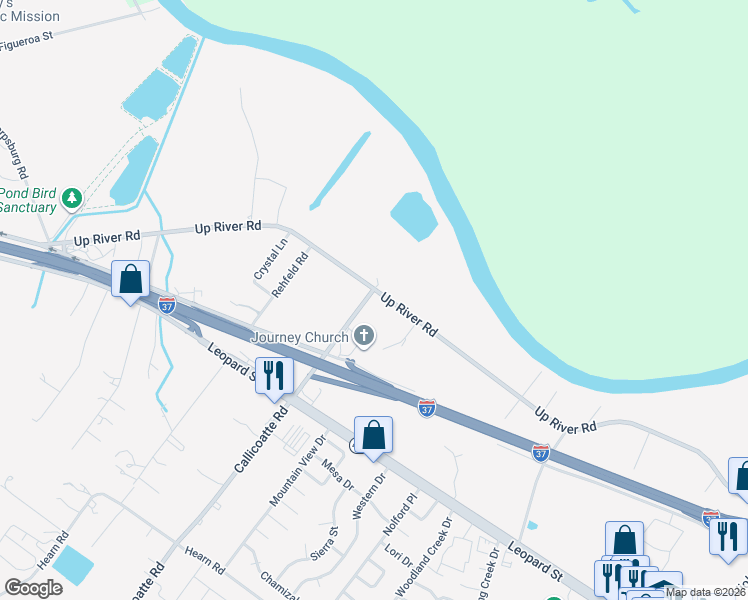 map of restaurants, bars, coffee shops, grocery stores, and more near 12126 Up River Road in Corpus Christi