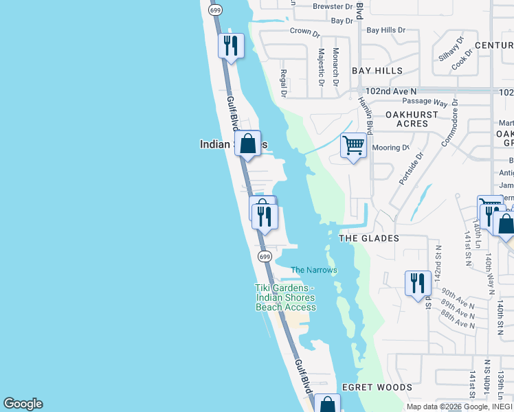 map of restaurants, bars, coffee shops, grocery stores, and more near 19727 Gulf Boulevard in Indian Shores