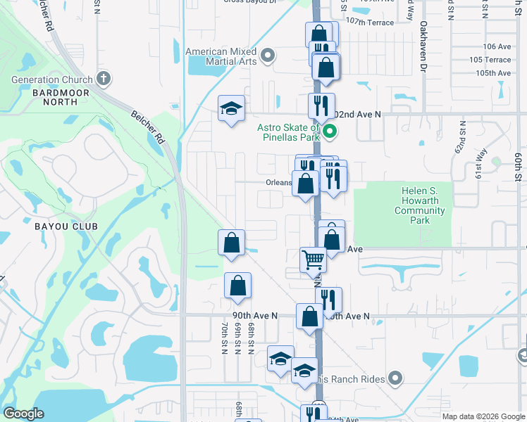 map of restaurants, bars, coffee shops, grocery stores, and more near 6870 96th Avenue in Pinellas Park