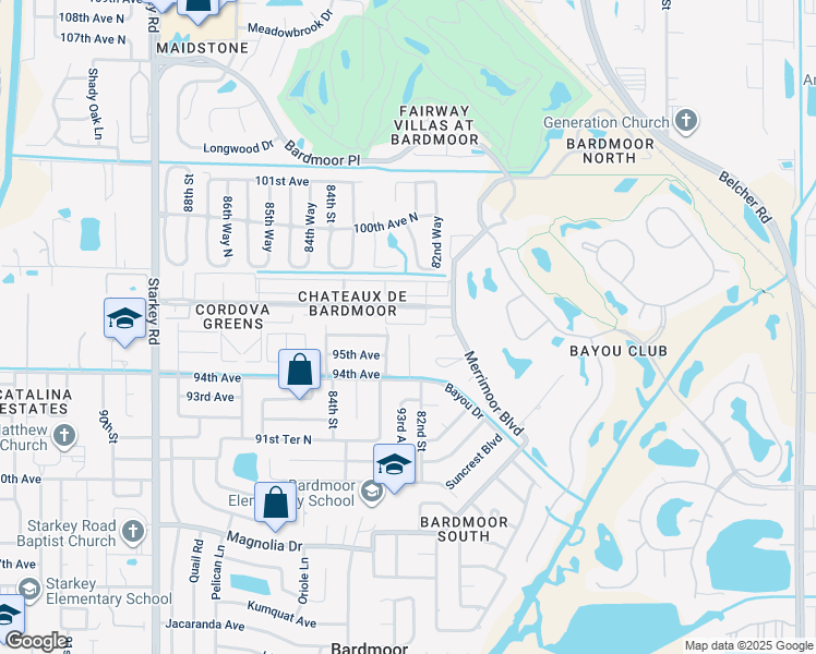 map of restaurants, bars, coffee shops, grocery stores, and more near 8302 Bardmoor Boulevard in Largo