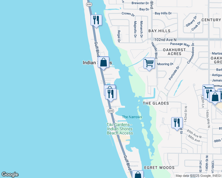 map of restaurants, bars, coffee shops, grocery stores, and more near 19727 Florida 699 in Indian Shores
