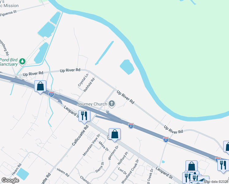 map of restaurants, bars, coffee shops, grocery stores, and more near 12126 Up River Road in Corpus Christi