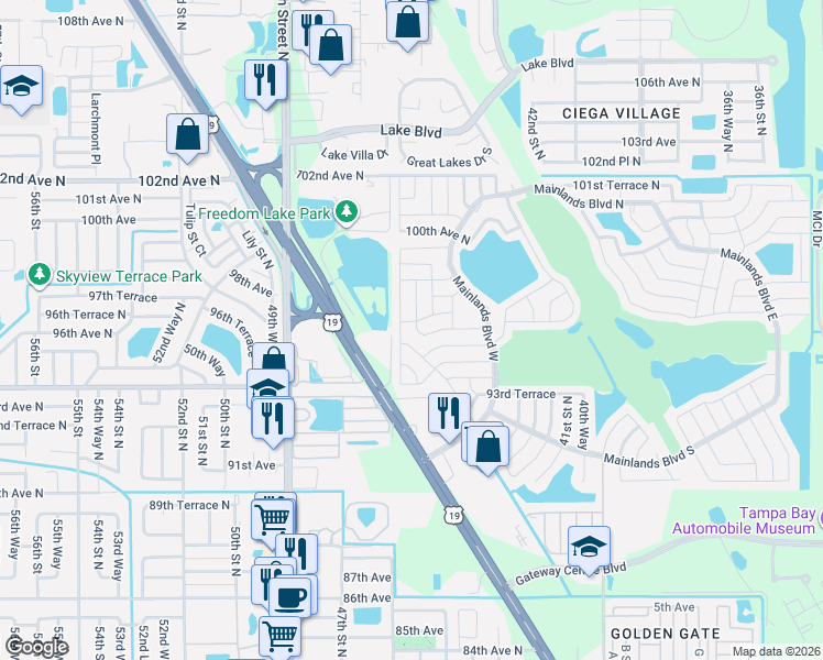 map of restaurants, bars, coffee shops, grocery stores, and more near 9610 45th Street North in Pinellas Park