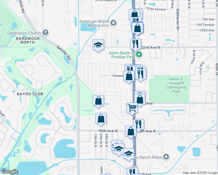 map of restaurants, bars, coffee shops, grocery stores, and more near 6870 96th Avenue in Pinellas Park