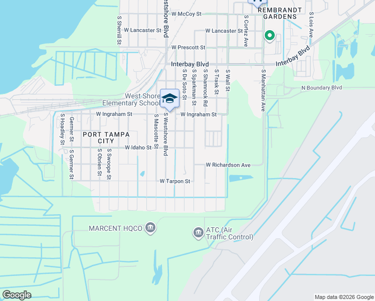 map of restaurants, bars, coffee shops, grocery stores, and more near 7401 South De Soto Street in Tampa