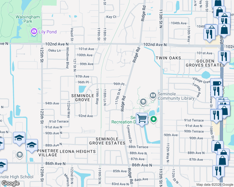 map of restaurants, bars, coffee shops, grocery stores, and more near 9484 117th Street North in Seminole