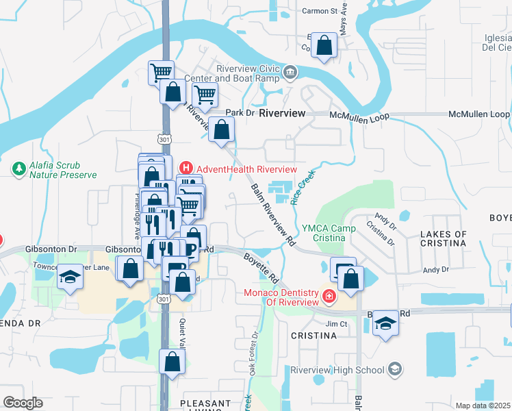 map of restaurants, bars, coffee shops, grocery stores, and more near 9645 Balm Riverview Road in Riverview
