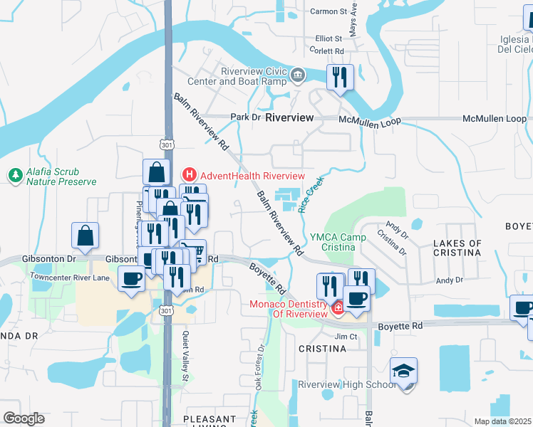 map of restaurants, bars, coffee shops, grocery stores, and more near 9650 Balm Riverview Road in Riverview