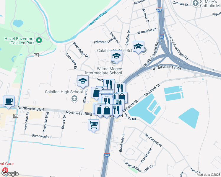 map of restaurants, bars, coffee shops, grocery stores, and more near 4147 I-69 Access Road in Corpus Christi