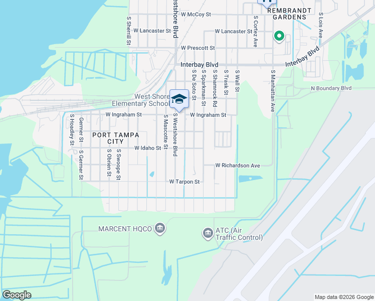 map of restaurants, bars, coffee shops, grocery stores, and more near 7401 South De Soto Street in Tampa