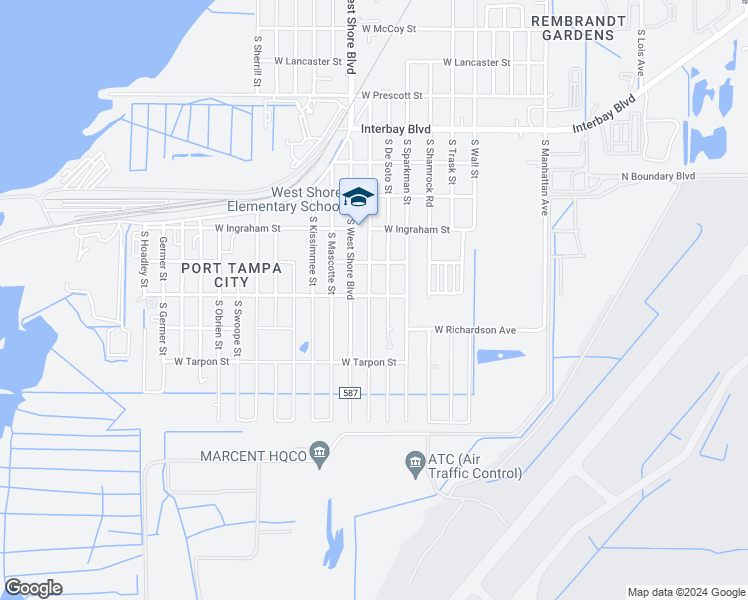 map of restaurants, bars, coffee shops, grocery stores, and more near 7402 South Fitzgerald Street in Tampa