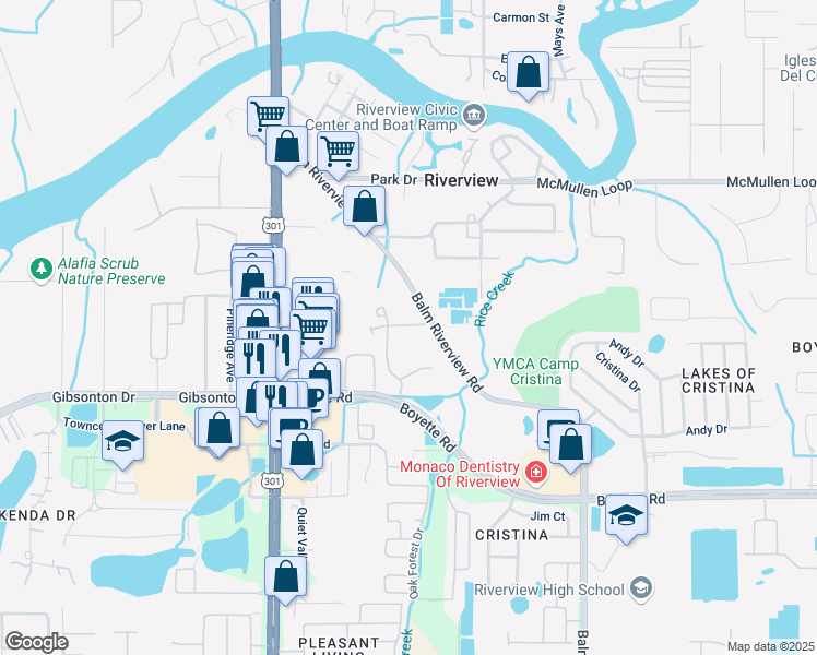 map of restaurants, bars, coffee shops, grocery stores, and more near 9645 Balm Riverview Road in Riverview
