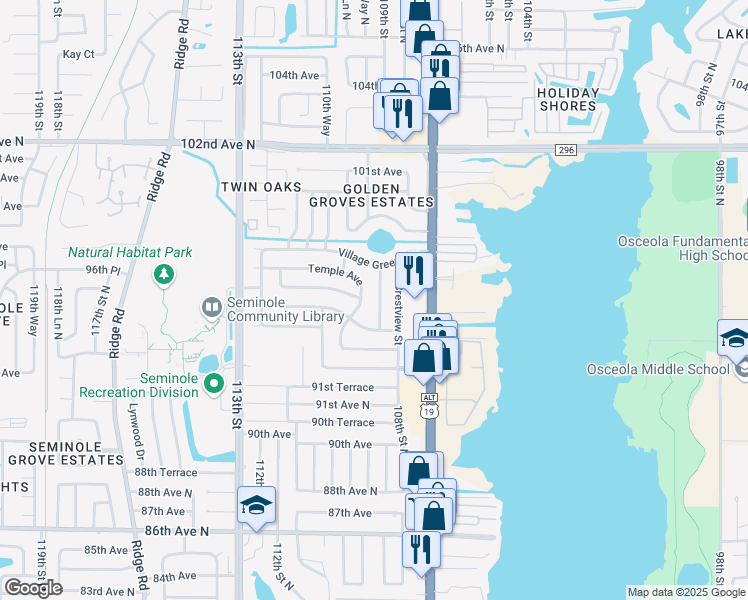 map of restaurants, bars, coffee shops, grocery stores, and more near 9572 Groveland Street in Seminole