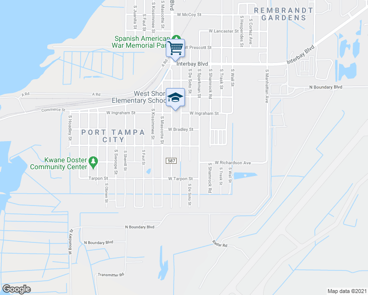 map of restaurants, bars, coffee shops, grocery stores, and more near 7401 South De Soto Street in Tampa