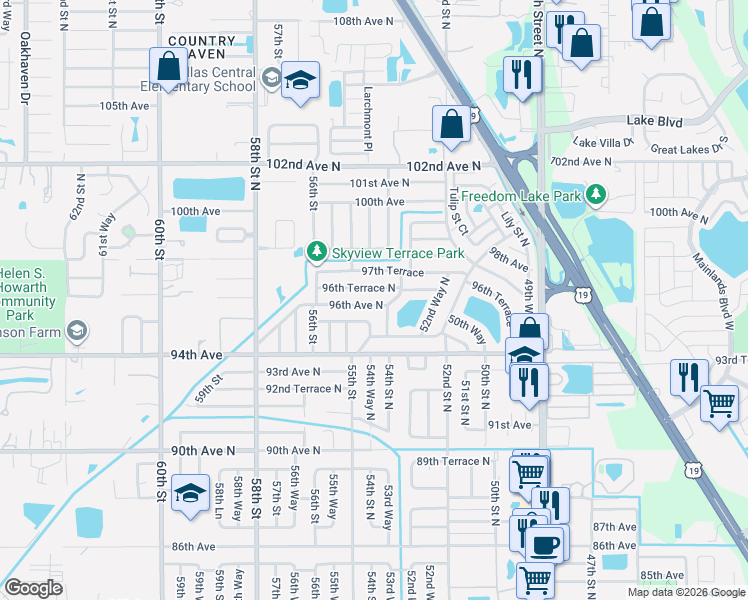map of restaurants, bars, coffee shops, grocery stores, and more near 5341 96th Avenue North in Pinellas Park
