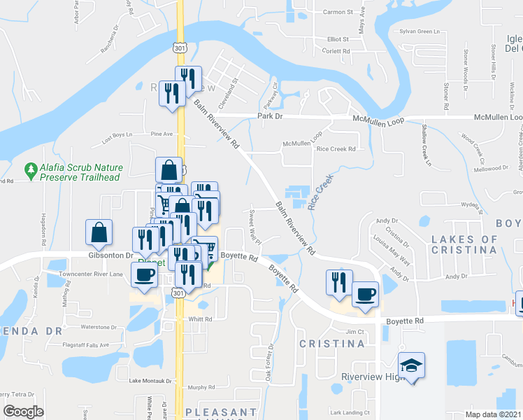 map of restaurants, bars, coffee shops, grocery stores, and more near Quickwater Court in Riverview