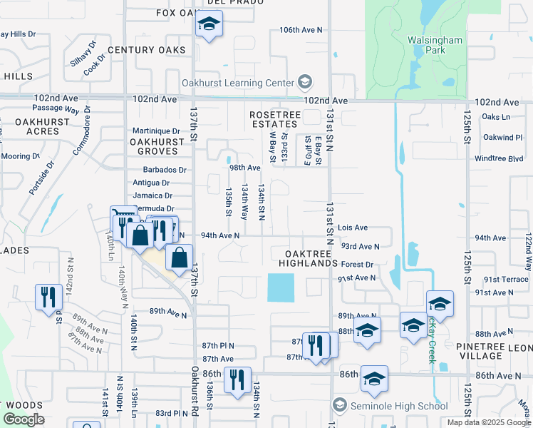 map of restaurants, bars, coffee shops, grocery stores, and more near 9414 Laura Anne Drive in Seminole