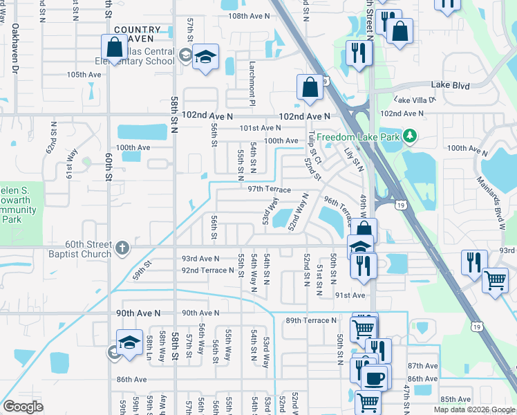 map of restaurants, bars, coffee shops, grocery stores, and more near 5371 96th Avenue North in Pinellas Park