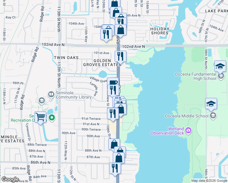 map of restaurants, bars, coffee shops, grocery stores, and more near 9660 Seminole Boulevard in Seminole