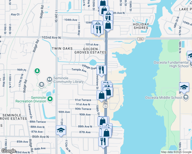 map of restaurants, bars, coffee shops, grocery stores, and more near 9564 Crestview Street in Seminole