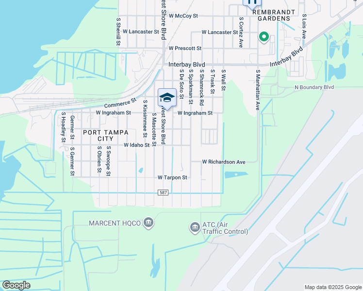 map of restaurants, bars, coffee shops, grocery stores, and more near 7401 South De Soto Street in Tampa