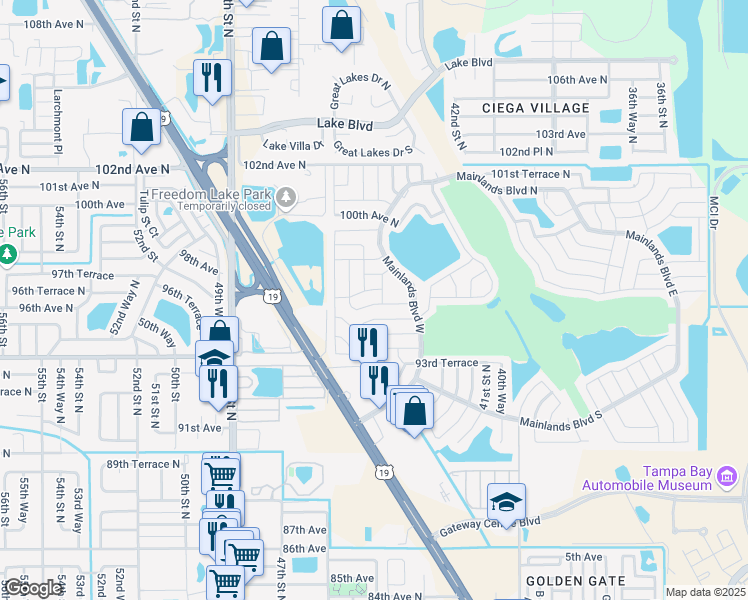 map of restaurants, bars, coffee shops, grocery stores, and more near 9605 44th Street North in Pinellas Park
