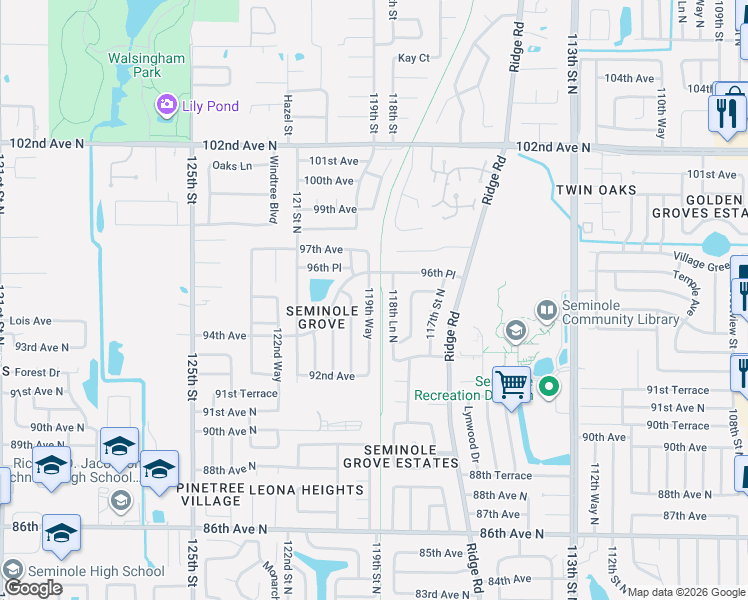 map of restaurants, bars, coffee shops, grocery stores, and more near 9558 119th Way in Seminole