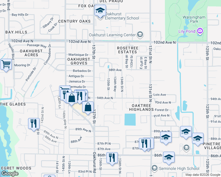 map of restaurants, bars, coffee shops, grocery stores, and more near 9520 134th Street North in Seminole