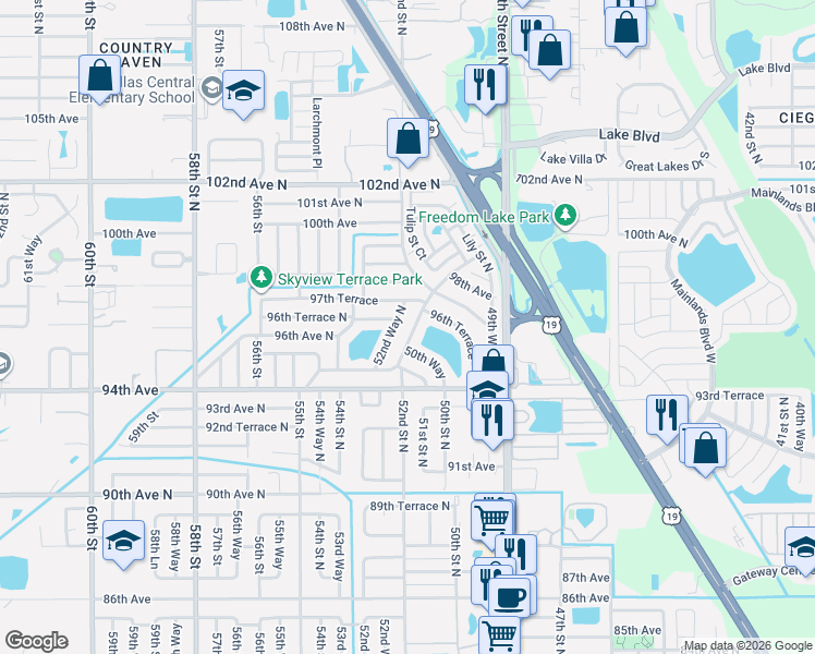 map of restaurants, bars, coffee shops, grocery stores, and more near 9620 Park Lake Drive in Pinellas Park