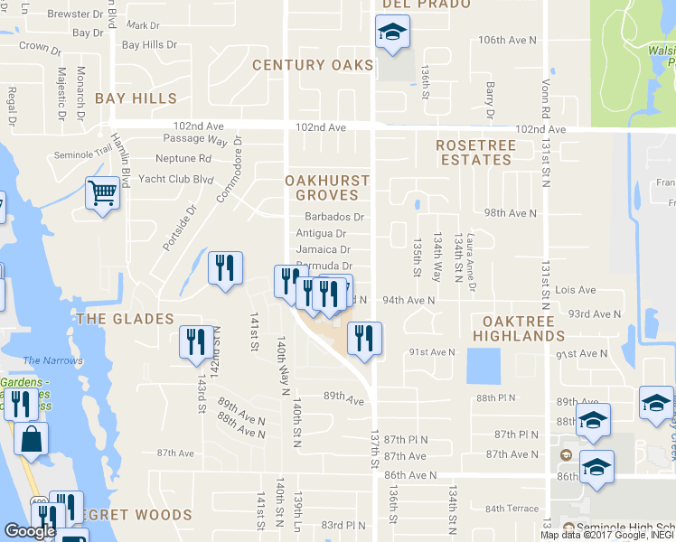 map of restaurants, bars, coffee shops, grocery stores, and more near 13832 Bermuda Drive in Seminole