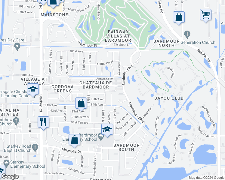 map of restaurants, bars, coffee shops, grocery stores, and more near 8302 Bardmoor Boulevard in Largo