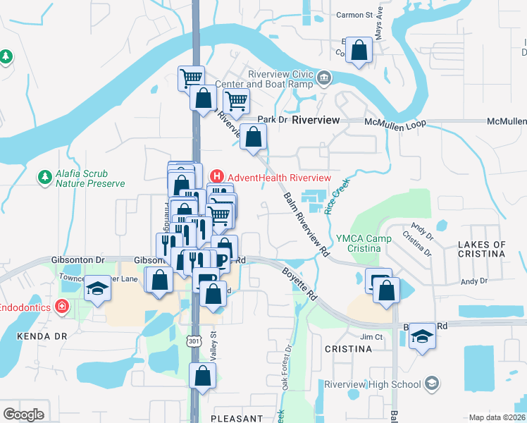 map of restaurants, bars, coffee shops, grocery stores, and more near 10824 Quickwater Court in Riverview