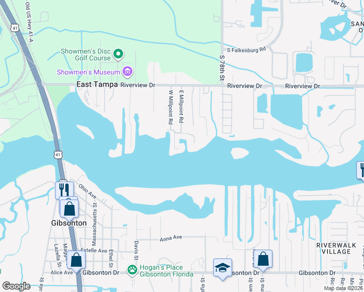 map of restaurants, bars, coffee shops, grocery stores, and more near 8853 West Millpoint Road in Riverview