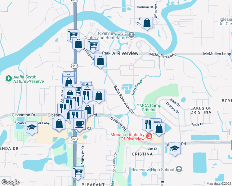 map of restaurants, bars, coffee shops, grocery stores, and more near 9645 Balm Riverview Road in Riverview