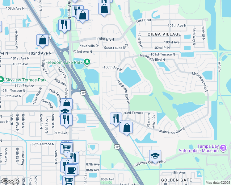 map of restaurants, bars, coffee shops, grocery stores, and more near 9620 44th Street North in Pinellas Park