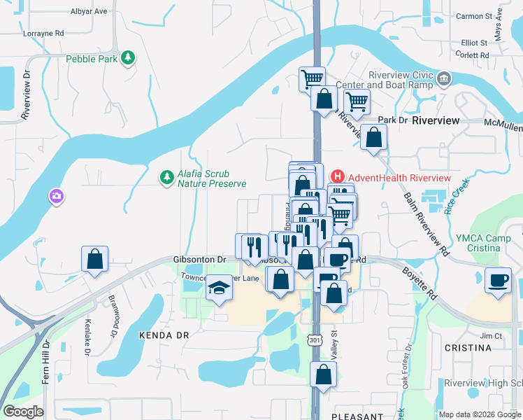 map of restaurants, bars, coffee shops, grocery stores, and more near 10427 Rivercrest Drive in Riverview