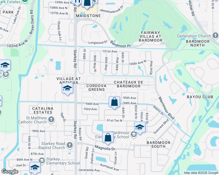 map of restaurants, bars, coffee shops, grocery stores, and more near 104 Cordova Green in Largo