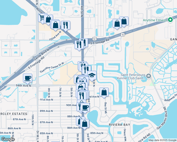 map of restaurants, bars, coffee shops, grocery stores, and more near 275 96th Avenue North in St. Petersburg