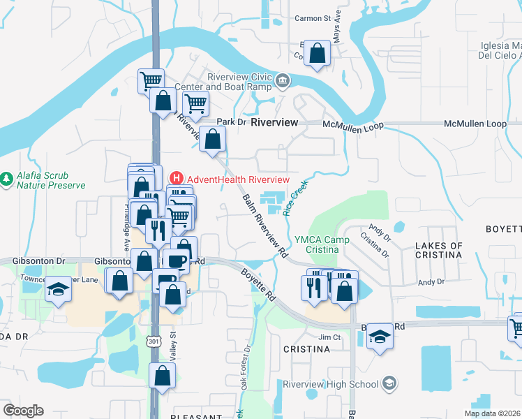 map of restaurants, bars, coffee shops, grocery stores, and more near 9650 Balm Riverview Road in Riverview