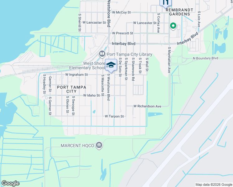 map of restaurants, bars, coffee shops, grocery stores, and more near 7312 South Fitzgerald Street in Tampa