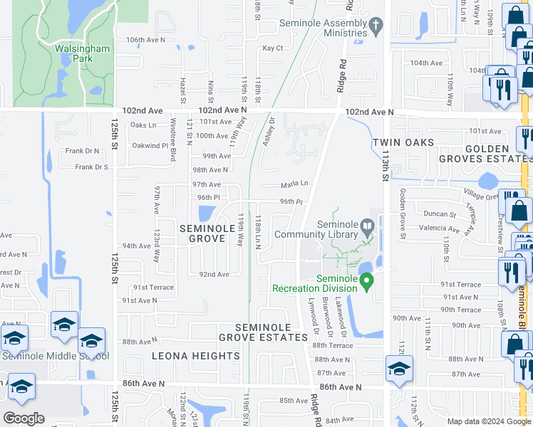 map of restaurants, bars, coffee shops, grocery stores, and more near 9563 118th Lane North in Seminole